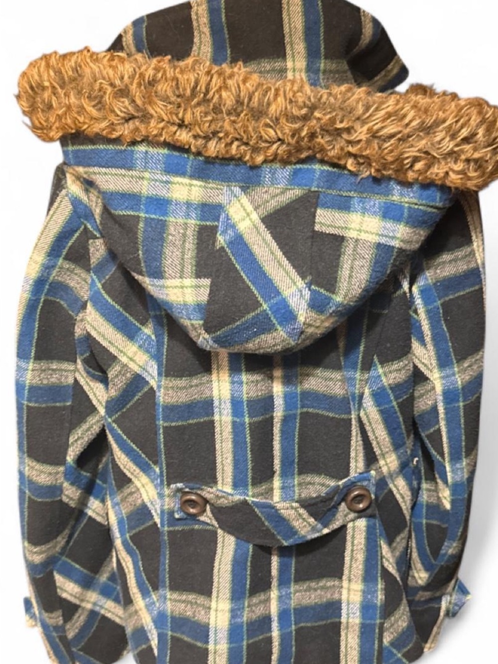 VINTAGE 90’s Y2K Plaid Hooded Double-Breasted Flannel Coat in Blue and Gray - Picture 2 of 7